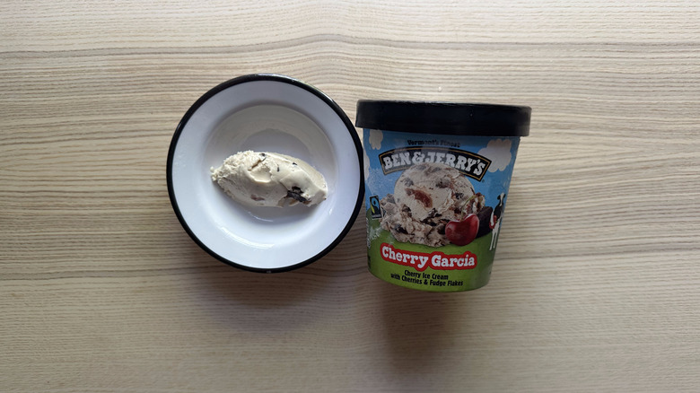 Ben and Jerry's Cherry Garcia on wooden table