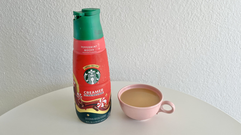 Starbucks peppermint mocha creamer in red packaging