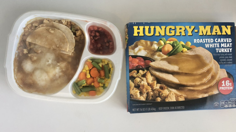 Hungry-Man roasted carved white meat turkey frozen dinner.