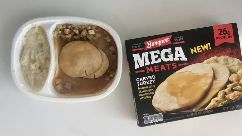Banquet Mega Meats frozen carved turkey meal.