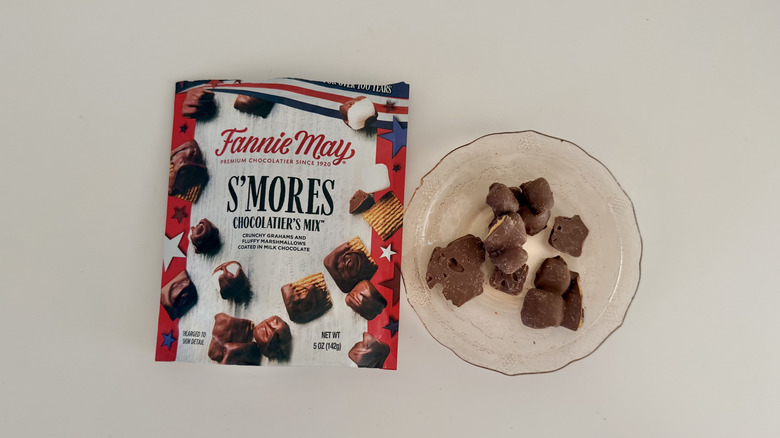 Fannie May S'mores Candy Snack Mix pieces on a plate