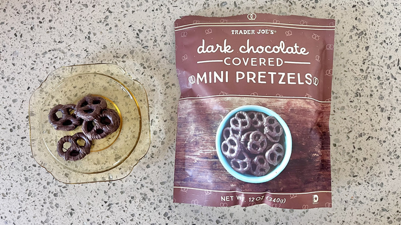 Dark Chocolate Covered Mini Pretzels bag on a counter