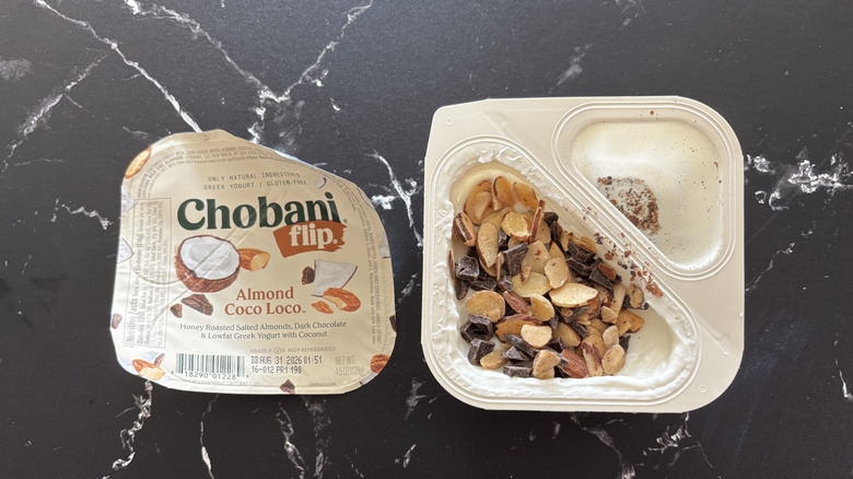 Chobani Flip almond coco loco yogurt container and label