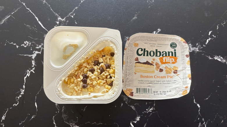 Chobani Flip Boston cream pie yogurt container and label