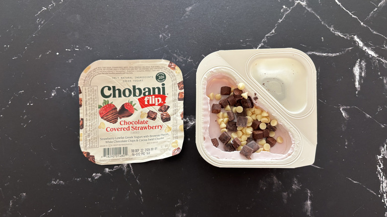 Chobani Flip chocolate covered strawberry yogurt container and label