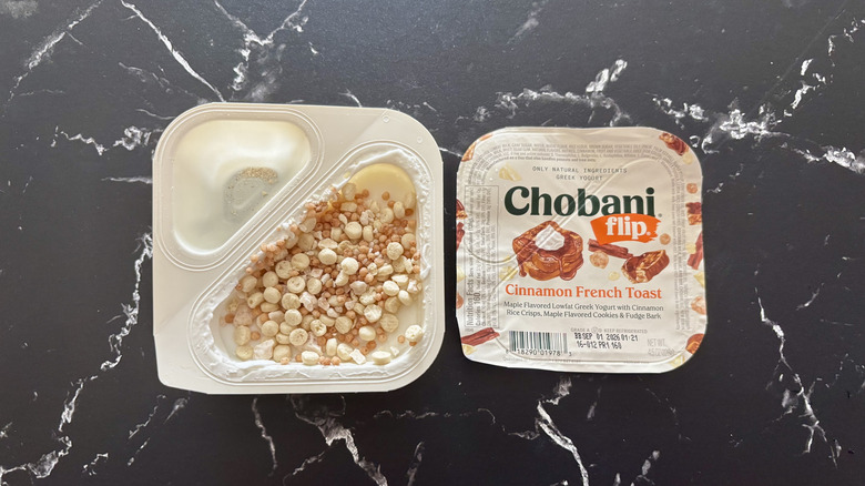 Chobani Flip cinnamon french toast yogurt container and label