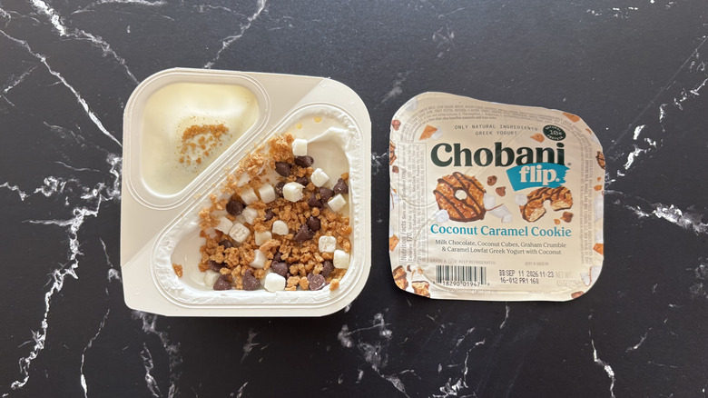 Chobani Flip coconut caramel cookie yogurt container and label