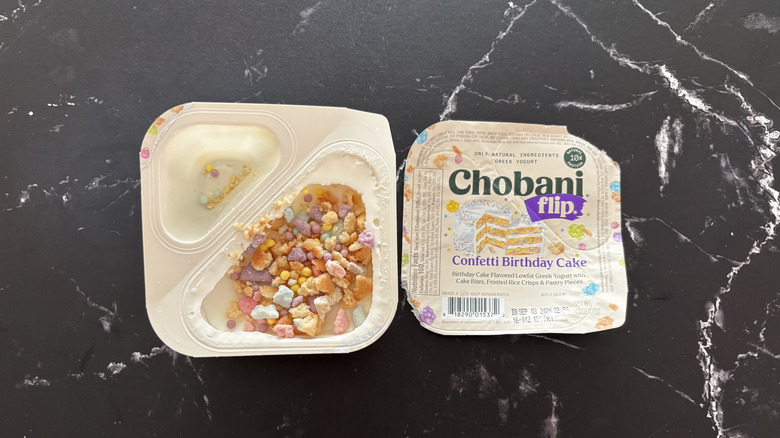 Chobani Flip confetti birthday cake yogurt container and label