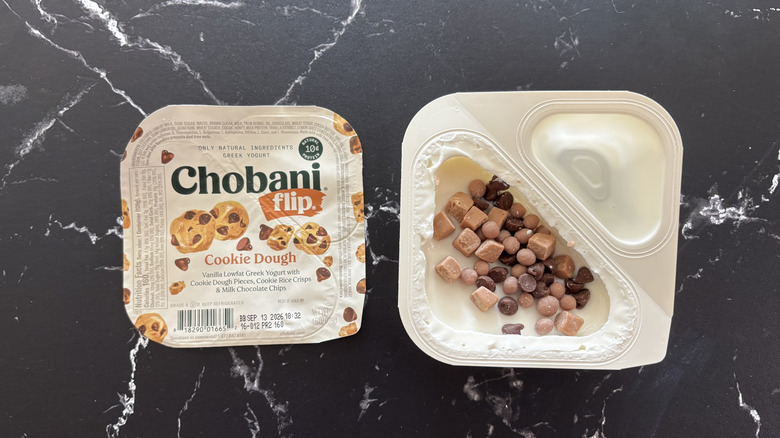 Chobani Flip cookie dough yogurt container and label