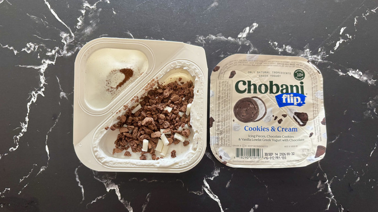 Chobani Flip cookies and cream yogurt container and label