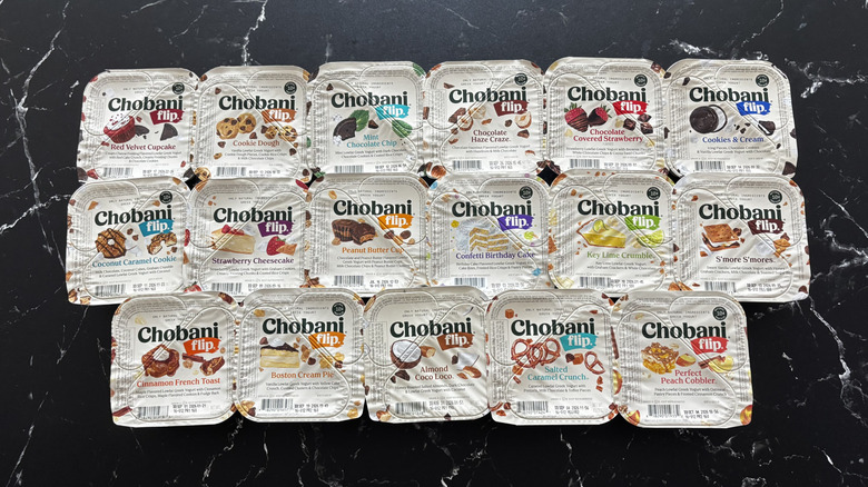 Various Chobani Flip yogurt containers on countertop