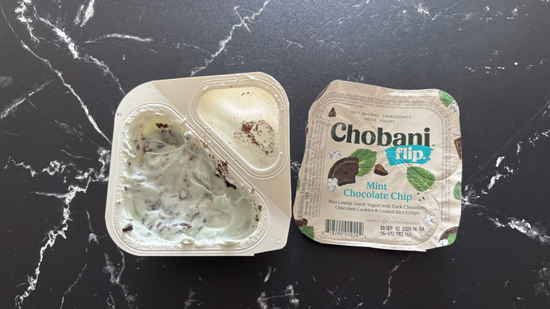 Chobani Flip mint chocolate chip yogurt container and label