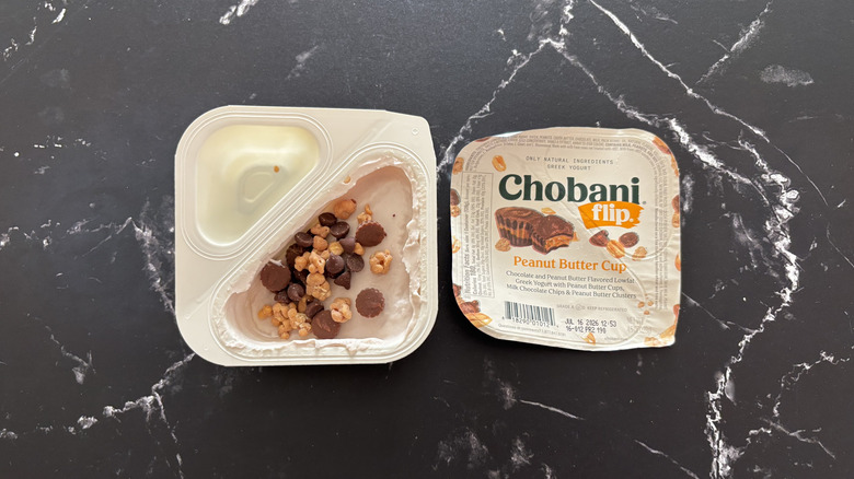 Chobani Flip peanut butter cup yogurt container and label