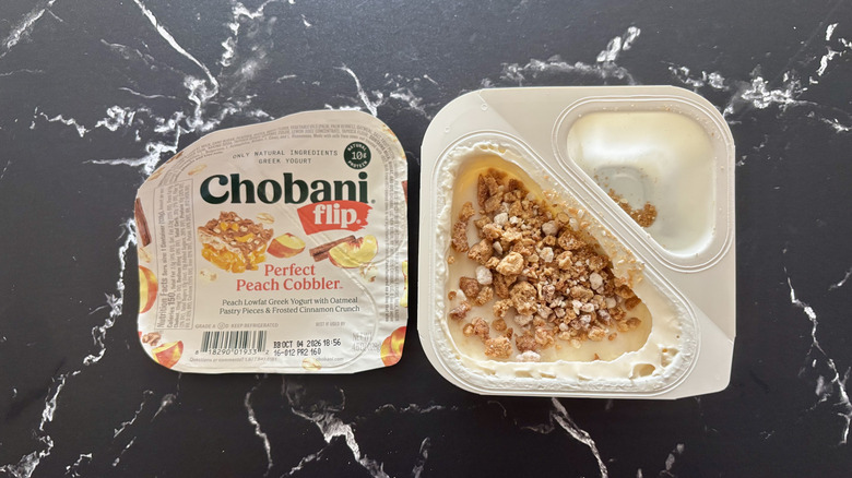 Chobani Flip perfect peach cobbler yogurt container and label