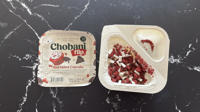 Chobani Flip red velvet cupcake yogurt container and label