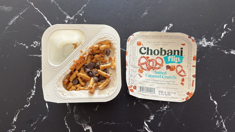Chobani Flip salted caramel crunch yogurt container and label