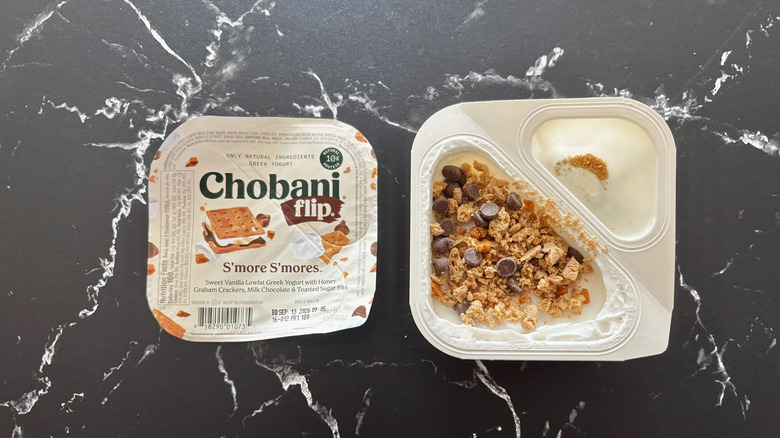 Chobani Flip s'more s'mores yogurt container and label