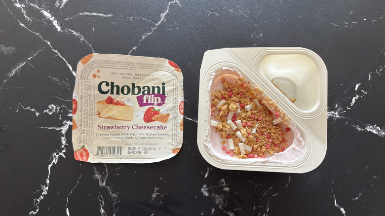 Chobani Flip strawberry cheesecake yogurt container and label