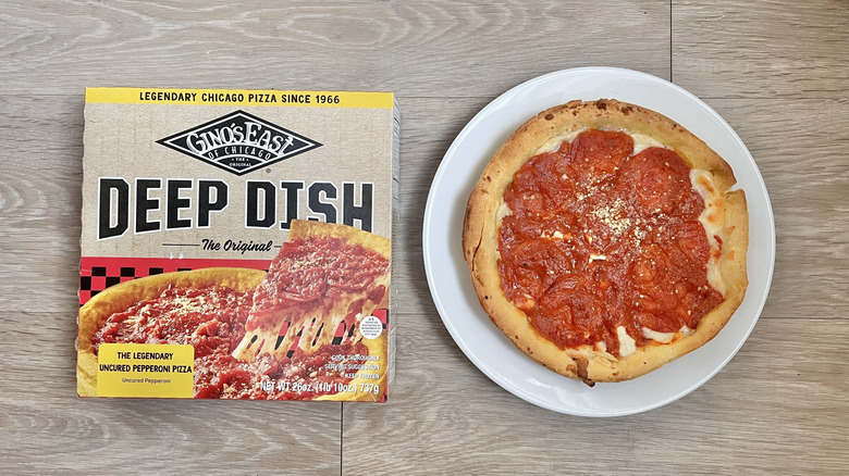 Top view of on Gino's East Uncured Pepperoni Pizza wooden background