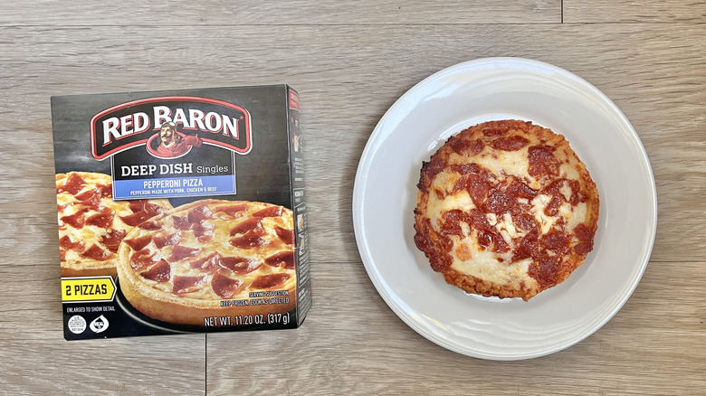 Top view of Red Baron Pepperoni Deep Dish Pizza on wooden background