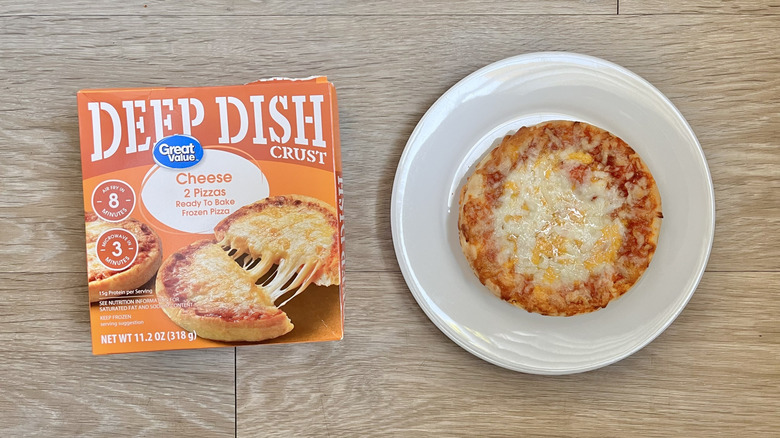Top view of Great Value Deep Dish Cheese Pizza on wooden background