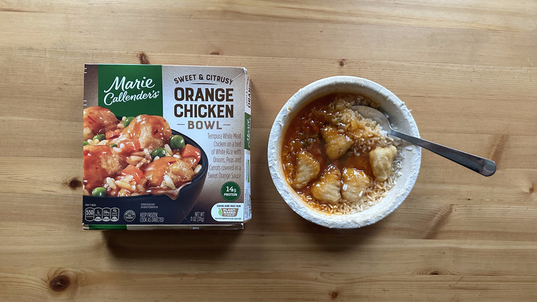 Marie Callender's Orange Chicken Bowl on wooden table