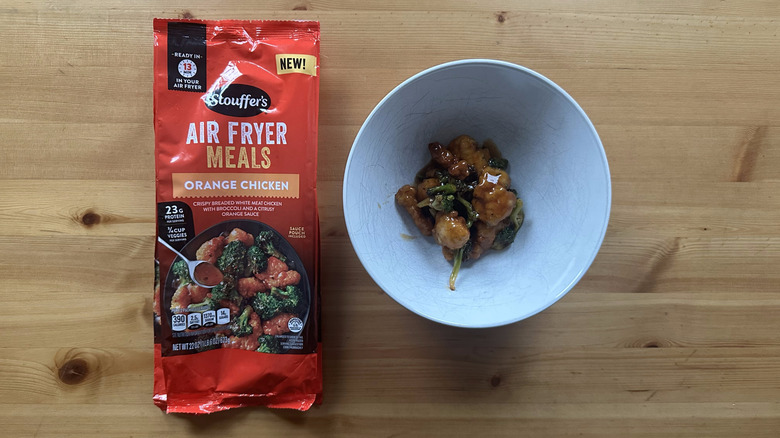Stouffer's Air Fryer Meals Orange Chicken in bowl on wooden table