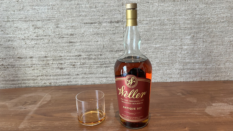 Weller Antique 107 in bottle and glass