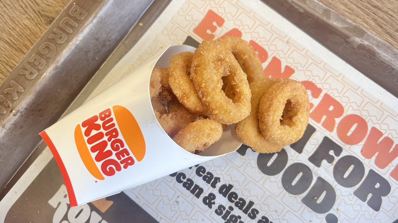 Onion rings in cardboard container