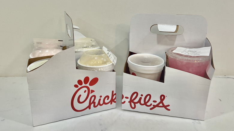 Chick-fil-A lemonades in to-go caddies.
