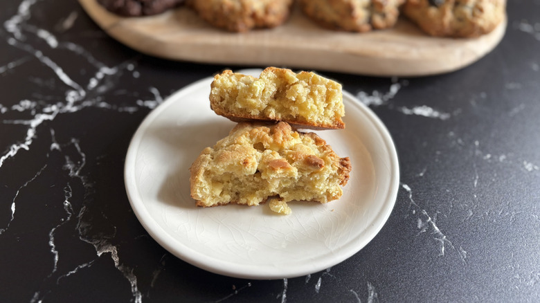 Levain lemon cookie split in half on plate