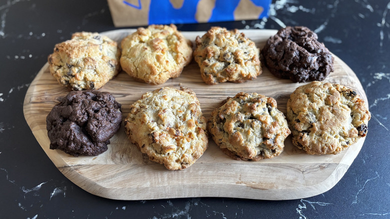 Levain cookies on wooden board