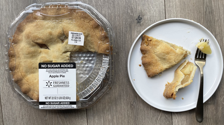 Walmart no sugar added pie in container and with slices pulled out on a plate