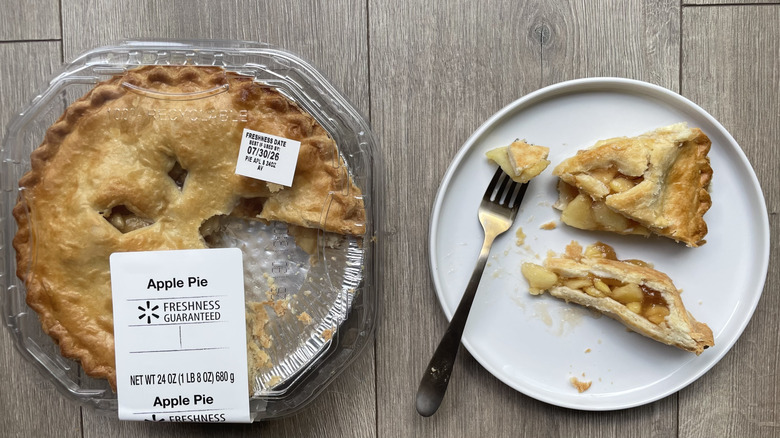 Walmart apple pie in container and with a slice pulled out on a plate