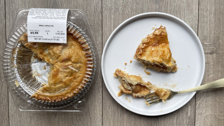 Publix apple pie in container and with slices pulled out on a plate