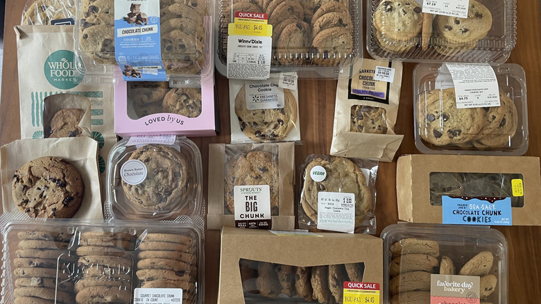 Assorted Chocolate Chip Cookies from multiple grocery stores on a table