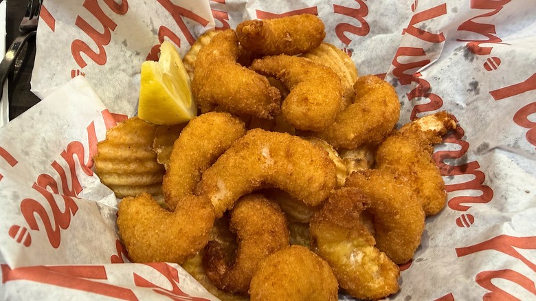 Close-up of shrimp and chips basket at Red Robin