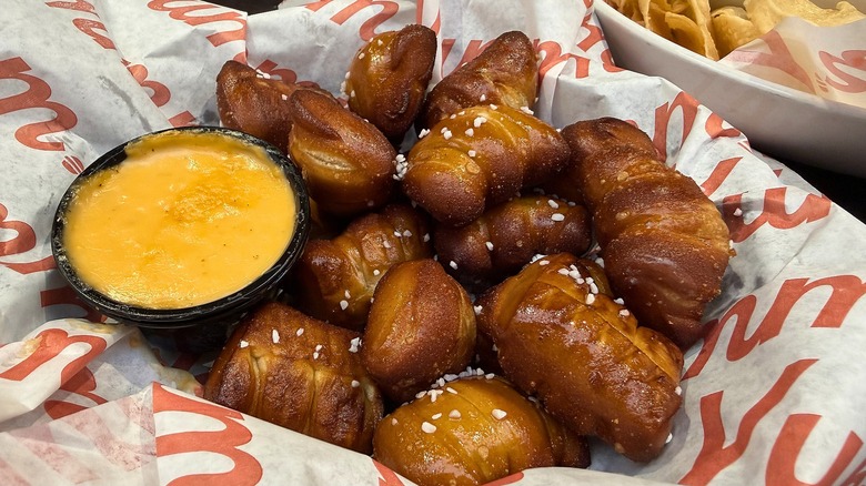 Close-up of pretzel bites and beer cheese at Red Robin