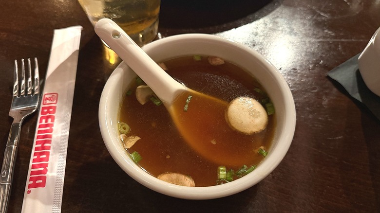 Close-up of Benihana onion soup in bowl on table at restaurant