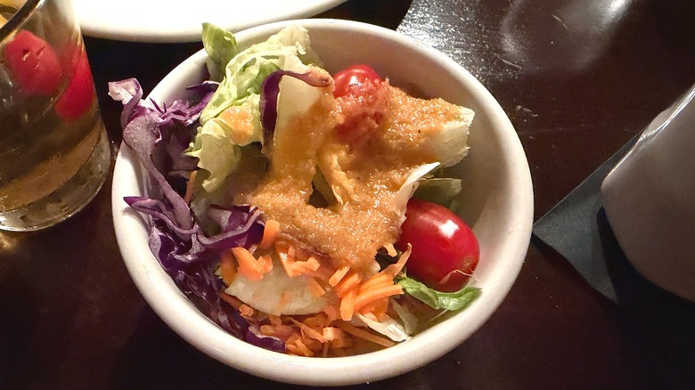 Close-up of Benihana salad in bowl on table at restaurant
