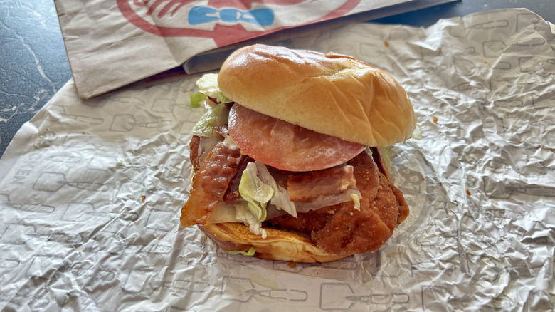 Wendy's spicy Asiago ranch chicken club sandwich on wrapper