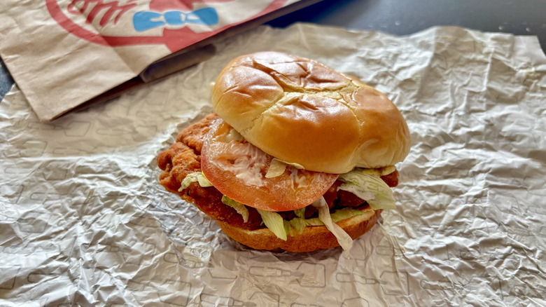 Wendy's spicy chicken sandwich on wrapper