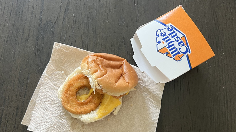 White Castle chicken ring slider with the top bun removed on the side