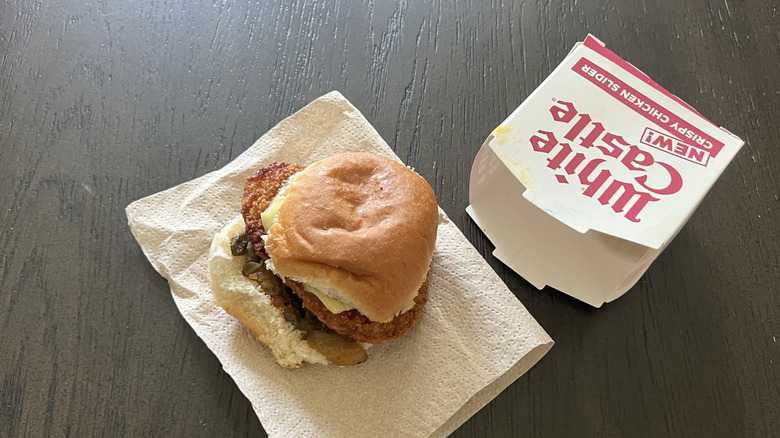 White Castle takeout box with chicken fajita slider on a napkin