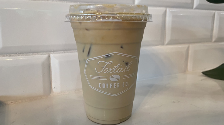 Foxtail coffee company iced latte on a granite countertop