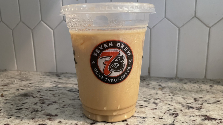 7Brew iced latte on a granite countertop