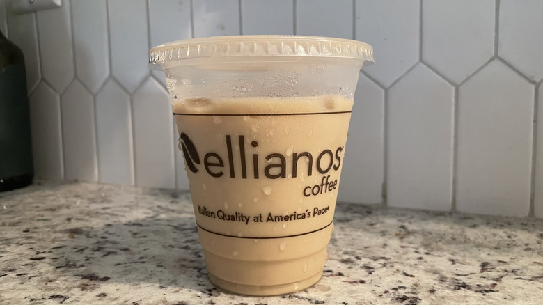 Ellianos iced latte on a granite countertop