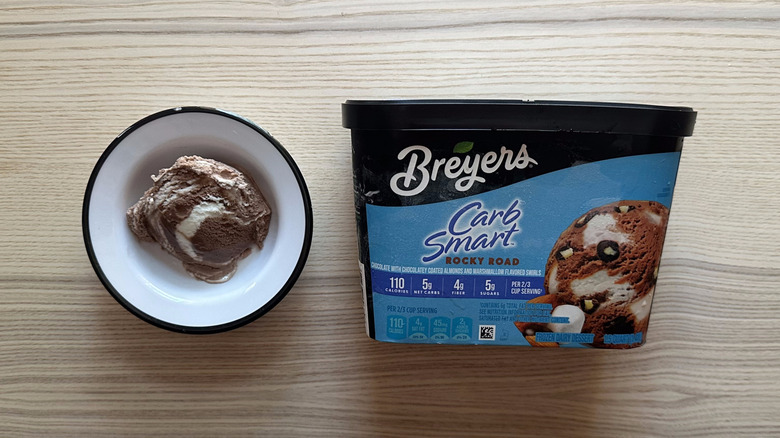 Breyers Carb Smart Rocky Road Frozen Dairy Dessert in small bowl on table