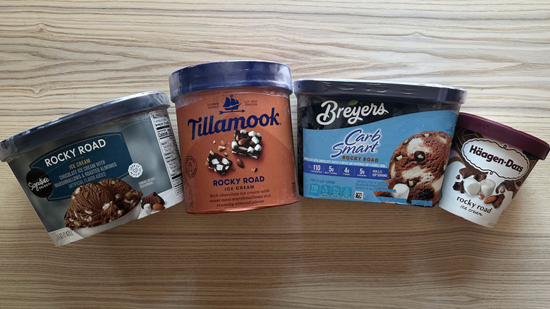 Rocky road ice creams arranged on wooden table