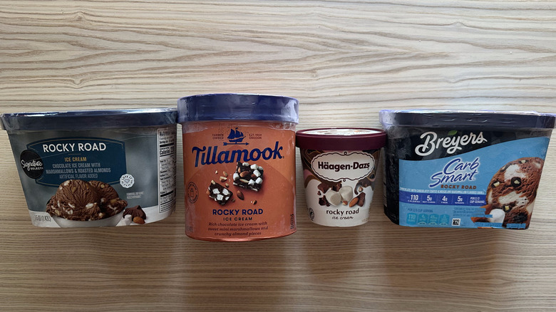 Rocky road ice creams arranged on wooden table